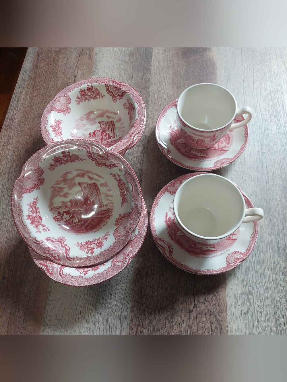 Johnson Brothers Old Britain Castles Pink Cereal Bowls 6" Tea Cups Saucer Lot x8